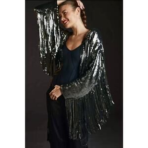 Anthropologie Fringed Sequin Jacket Cropped Silver XXS